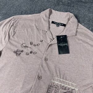 Rustic Souls Men's Graphic Button Up Shirt Pink Coffee Beans Cafe Size Small NWT